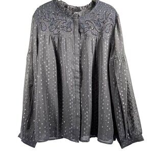 Chicos Women's Blouse‎ Size XL Whimsy Goth Metallic Gray Beaded Bohemian Sheer